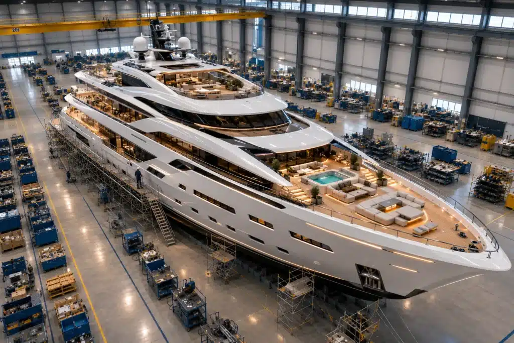 Nefartiti custom superyacht interior fit-out — luxury saloon and master stateroom
